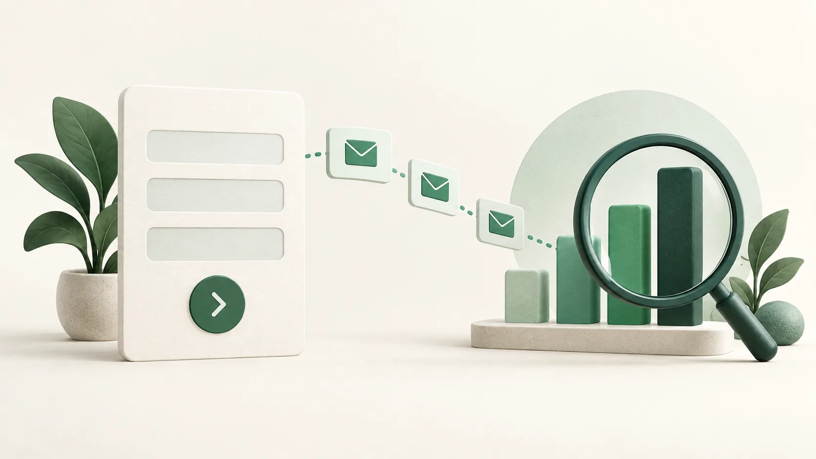 Contact form and message cards beside a bar chart viewed through a magnifying glass.