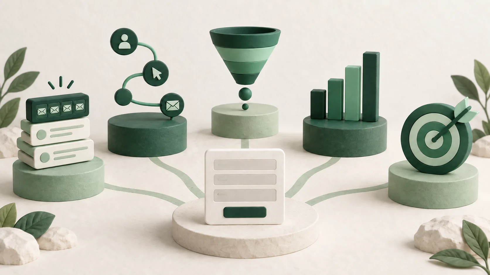 Five analytics symbols surrounding a contact form: messages, events, a funnel, a chart and a goal target.