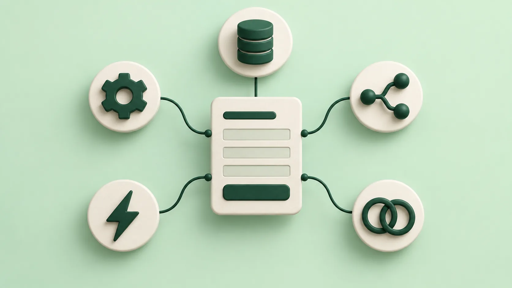 A central form card connects to five different abstract workflow modules.
