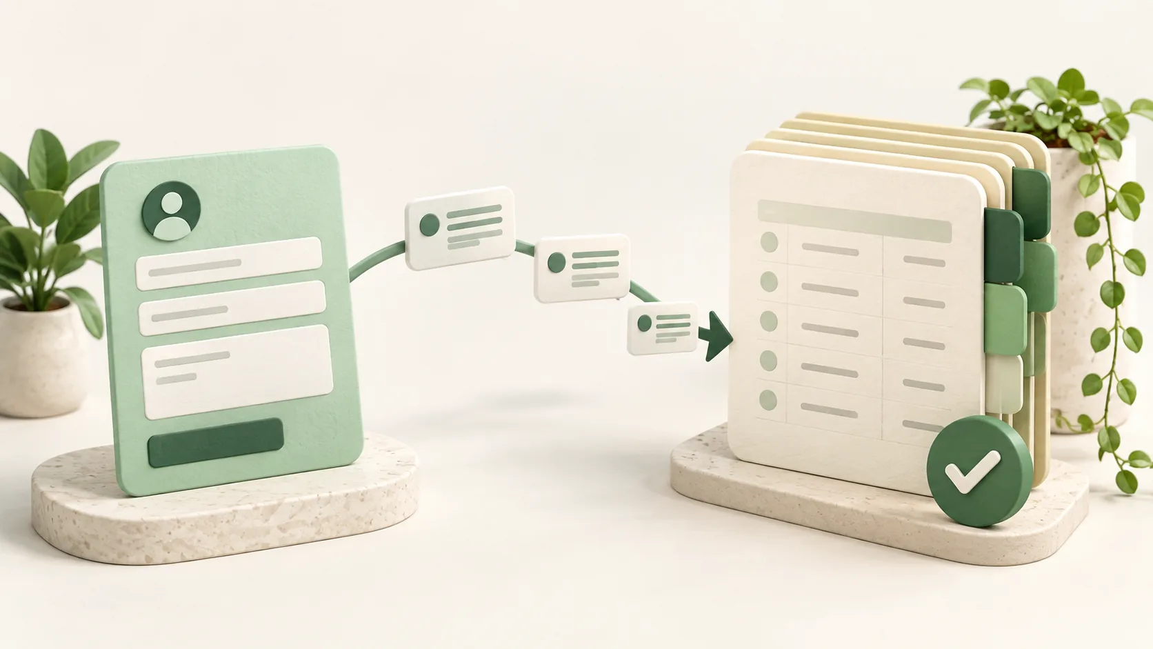 Message cards moving from a contact form into a stack of organized database pages.