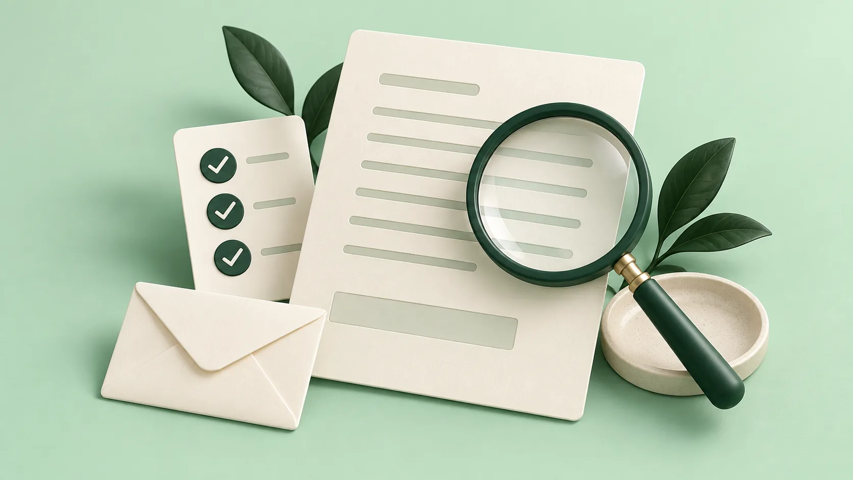 A form card beside a checklist, magnifying glass and small envelope on a mint background.