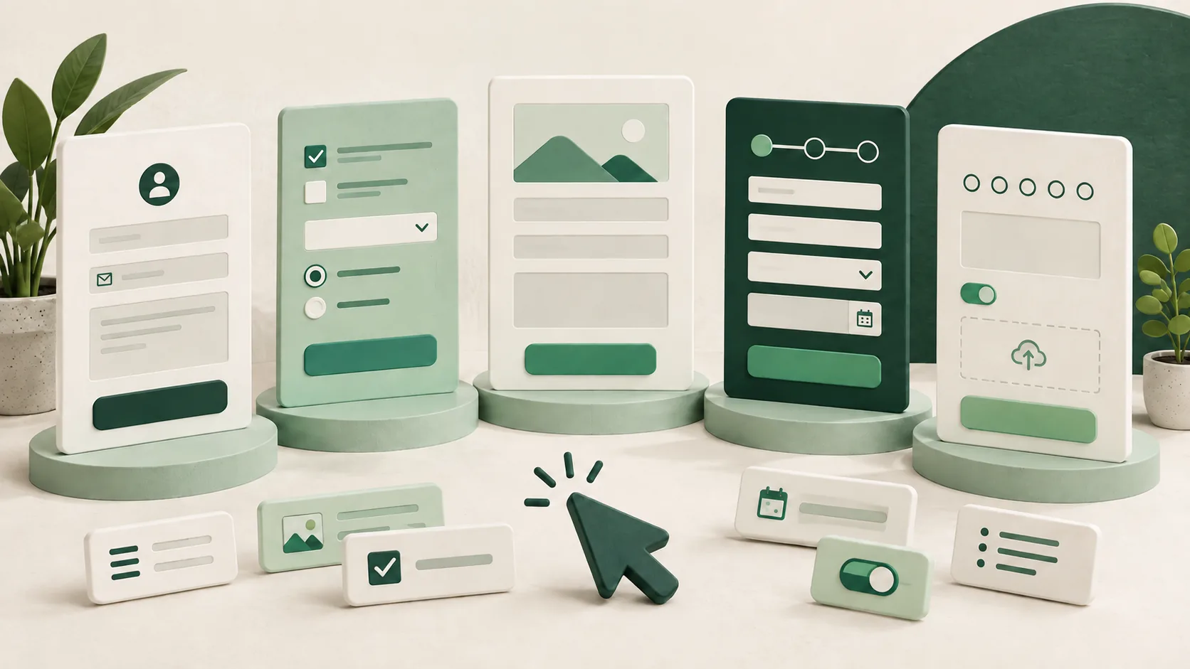 Five different form layouts with modular field blocks and a selection cursor.