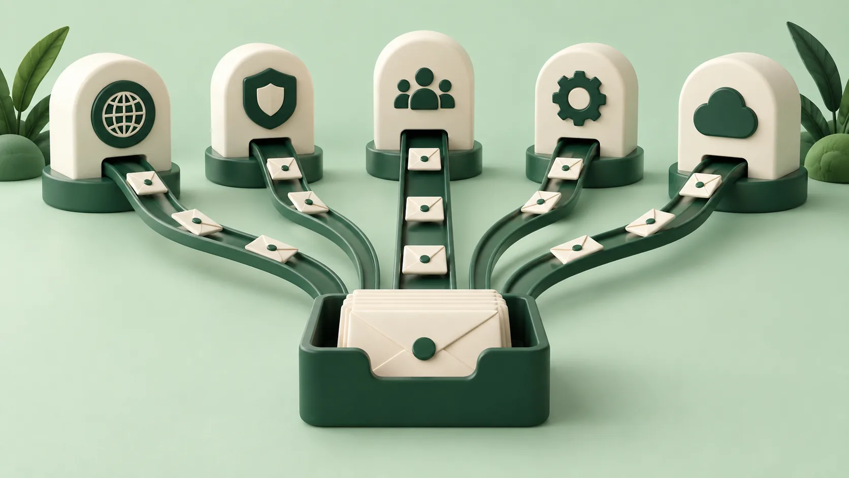 Five distinct green mail-routing modules guide envelopes toward one inbox tray.